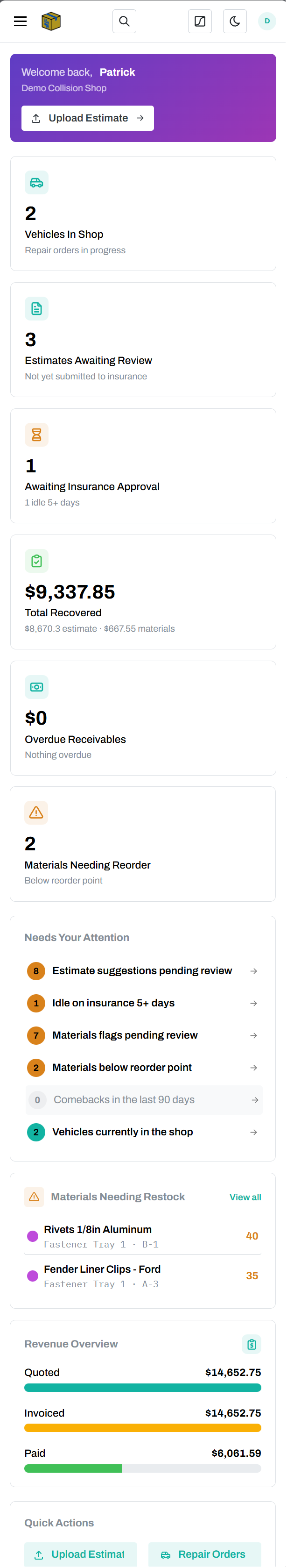 RefinishControl mobile app, scrollable: items needing attention, materials needing restock, and a revenue overview