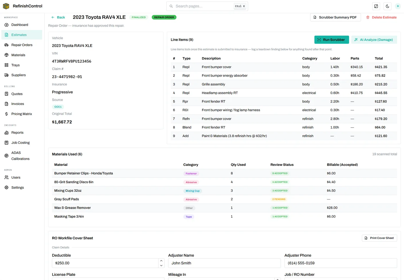 RefinishControl estimate detail view showing line items from the Scrubber review and materials used, each with a review status of accepted or pending